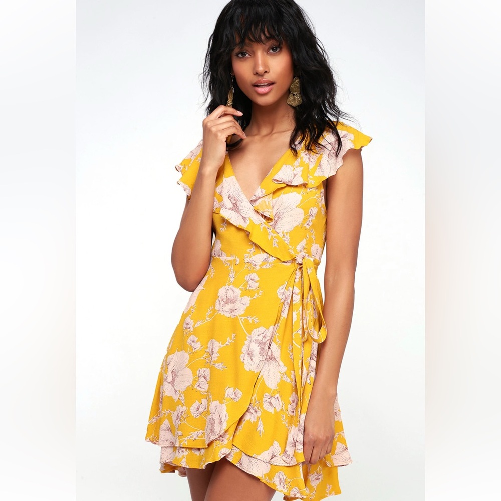 Free People French Quarter Yellow Floral Print Wrap Dress size Small - Picture 6 of 7